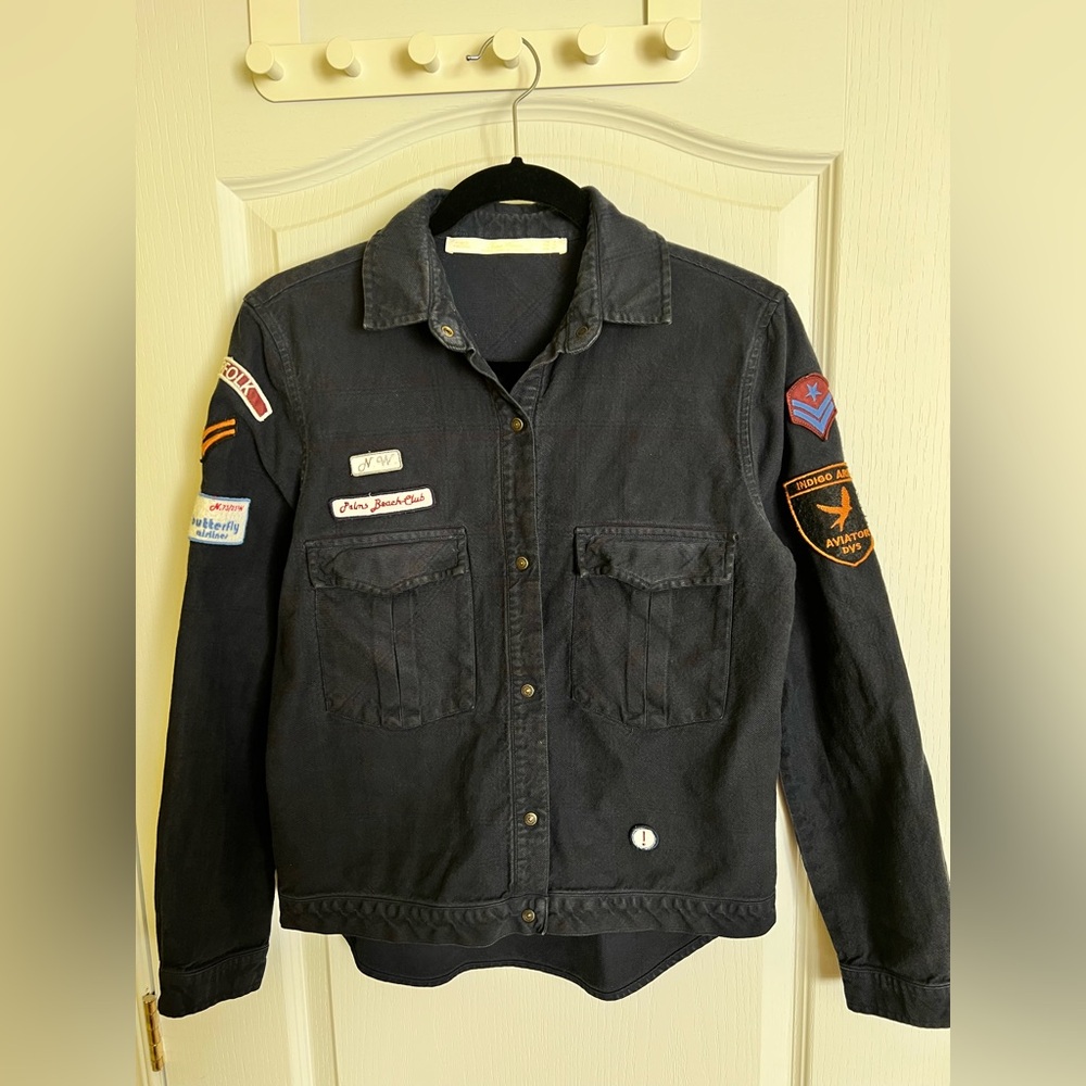 ZARA 🌟  Navy Blue Patchwork Bomber Style Shirt Jacket